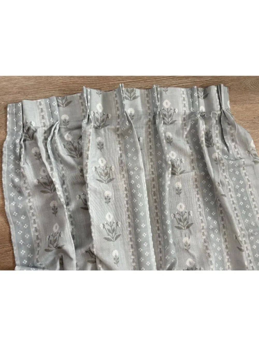 Blue Grey Pinch Pleated Floral Curtain Panel 82” Long